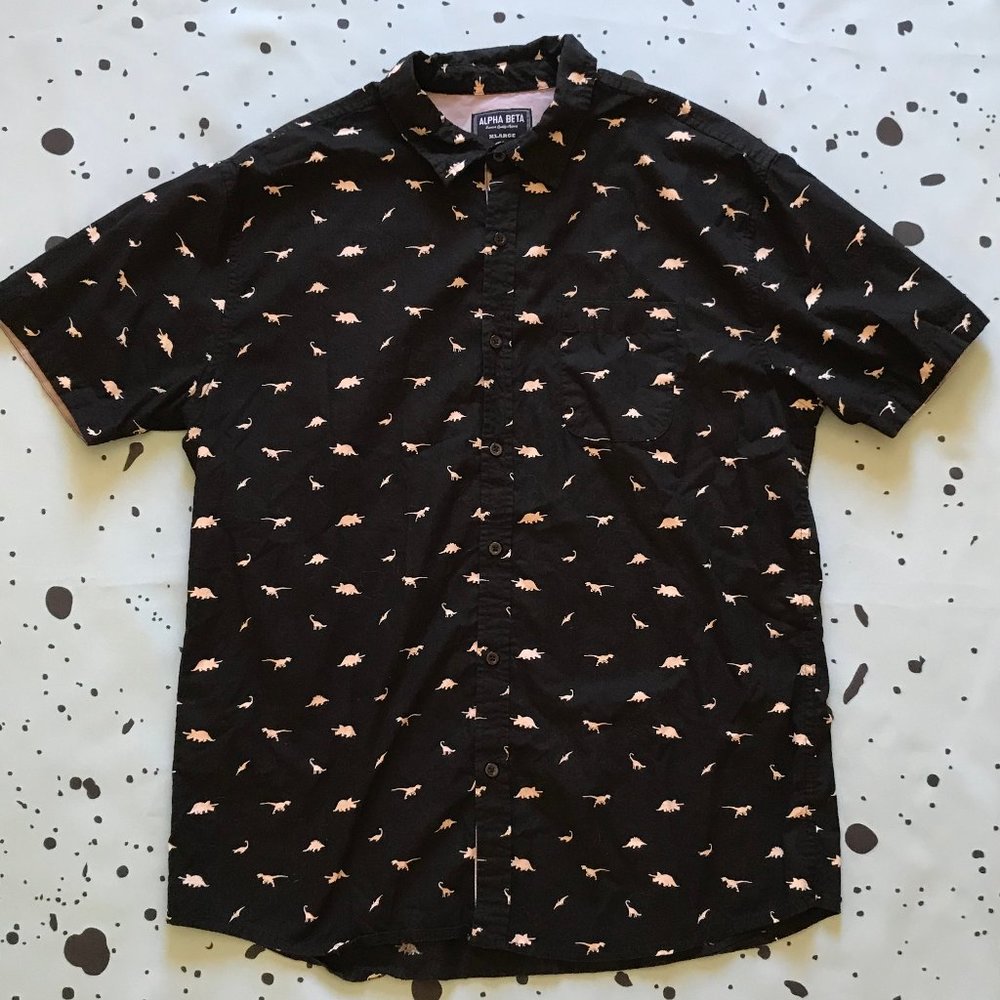 Black Cotton Button Down Shirt Dinosaur Print XL